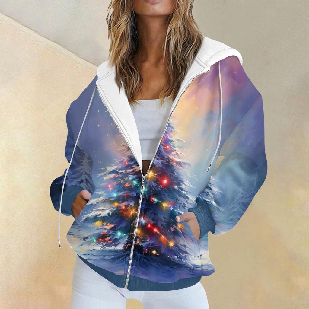 Женская модная повседневная толстовка с рождественским принтом и длинными рукавами, карманная куртка, пальто с капюшоном на молнии