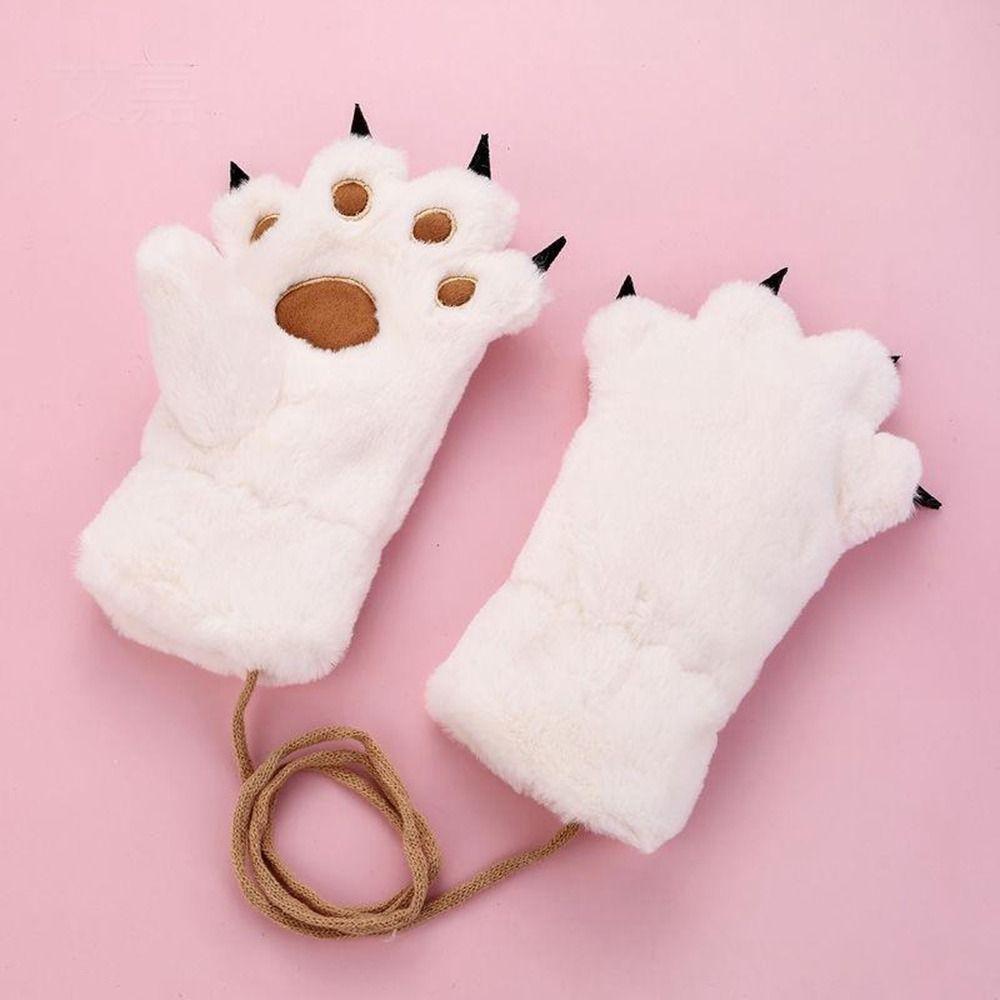 Fluffy Warm Gloves Flush Cat Paw Gloves Hanging Neck Mittens Bear Paw Gloves Female Winter Gloves