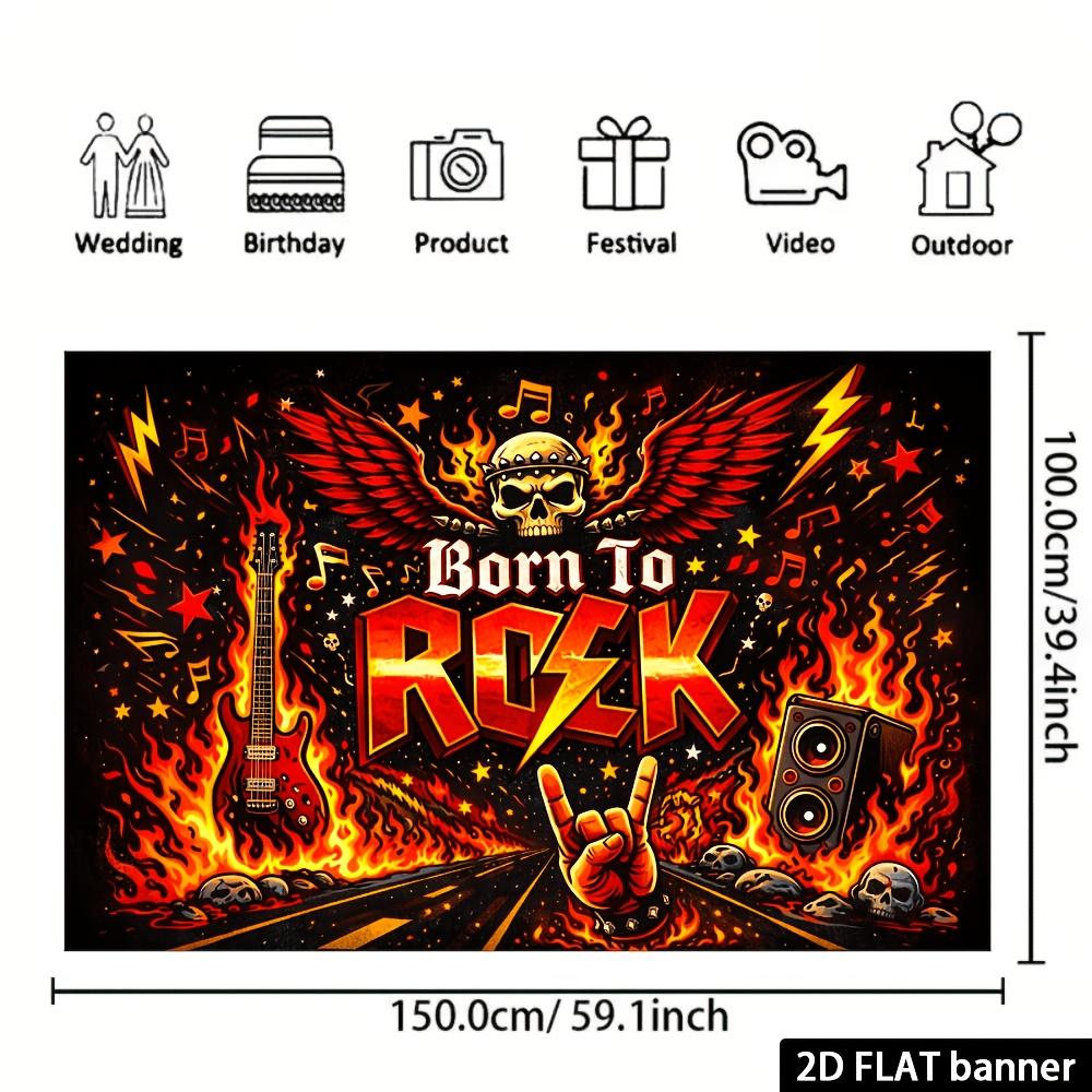 Rock Music Party Backdrop Banner, Born to Rock Winged Skull Flames Electric Guitar Amp Notes, Polyester Photo Background Wall Decor Indoor Outdoor