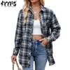 Women's Fashion Casual Spring Fall Plaid Print Long Sleeve POLO Neck Blouses & Shirts