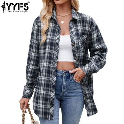 Женская мода повседневная весна-осень клетчатый принт длинный рукав воротник поло блузки и рубашки