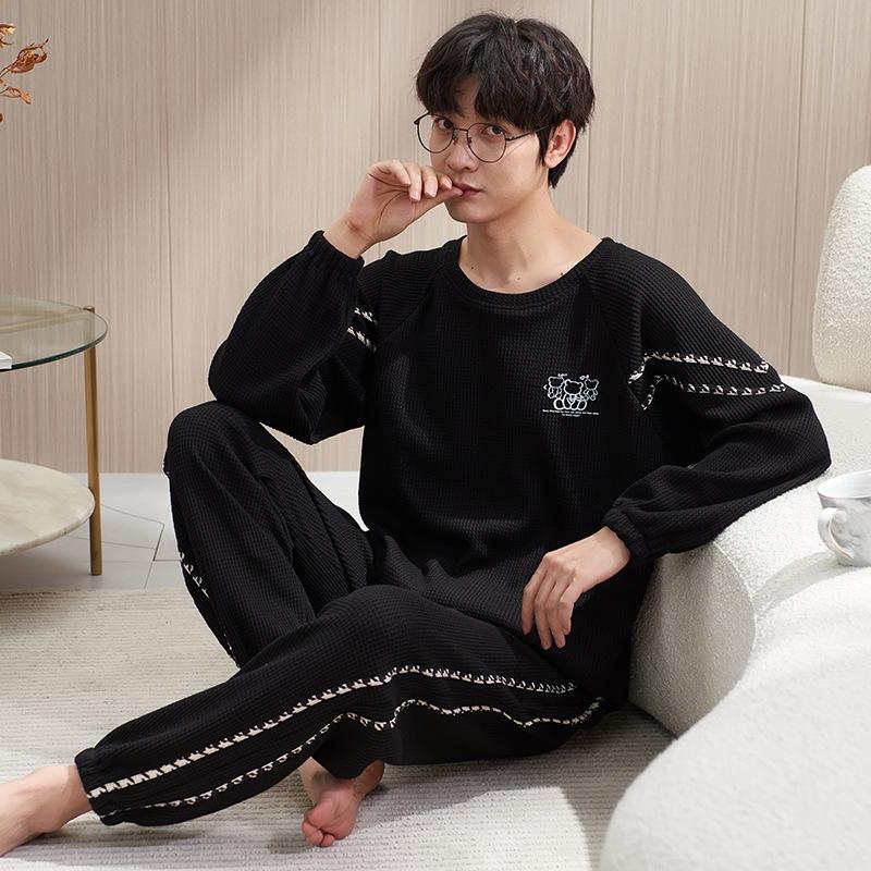 Пижамы мужские с длинным рукавом из хлопка весна и осень простой молодежный домашний костюм для отдыха можно носить