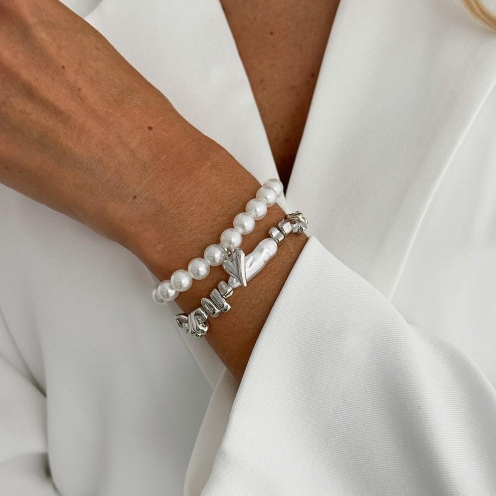 Silver Heart Pendant Bracelets Beaded Metal Hand Chain Vintage Imitation Pearl Bracelets  Gifts
