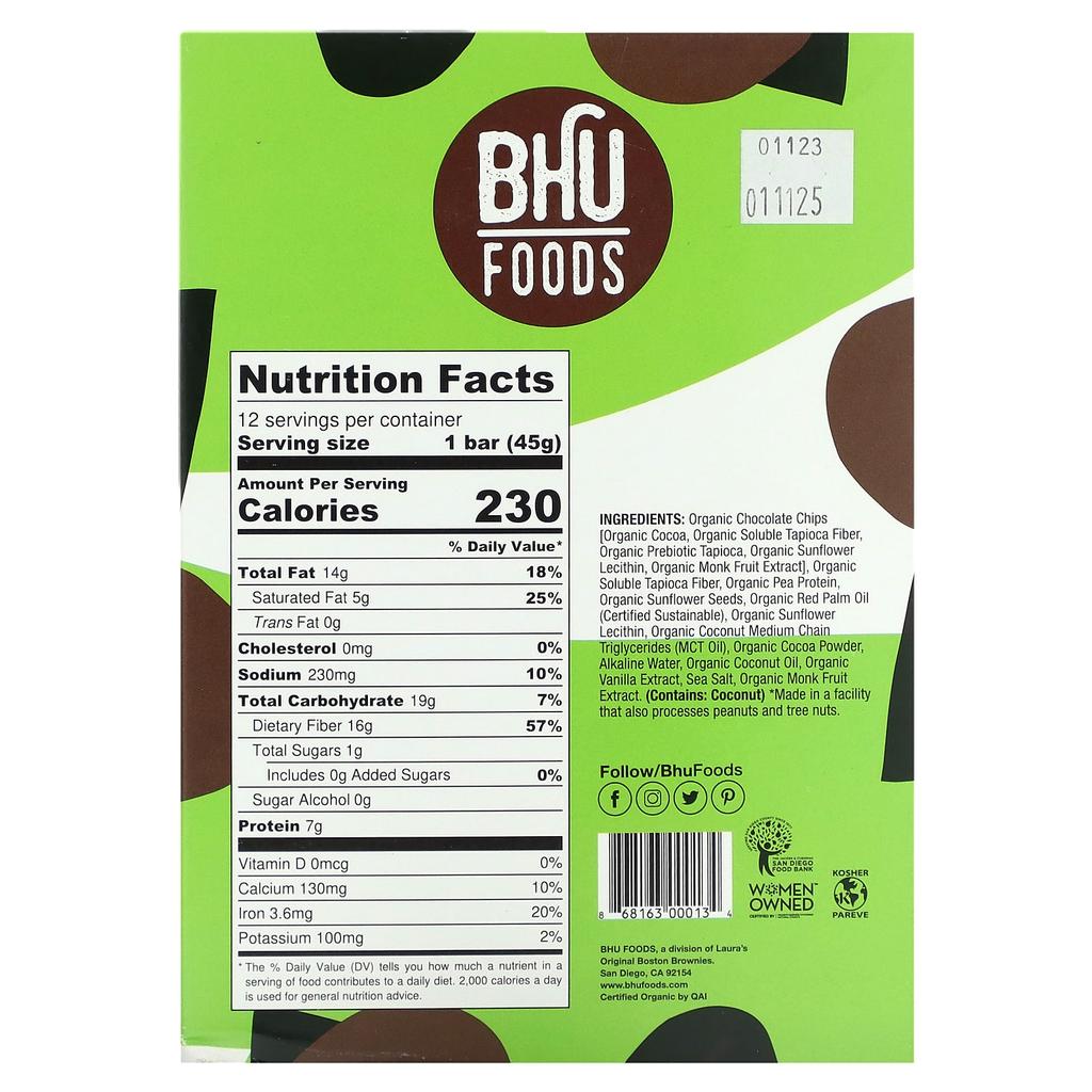 BHU Foods, Веганский протеиновый батончик, двойная шоколадная крошка, 12 батончиков, 1,6 унции (45 г) каждый