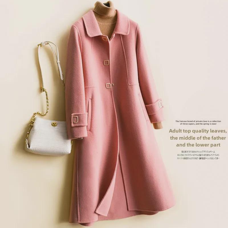 2021 Slim Double-Sided Wool Mid-Length Coat with Square Buttons and Doll Collar