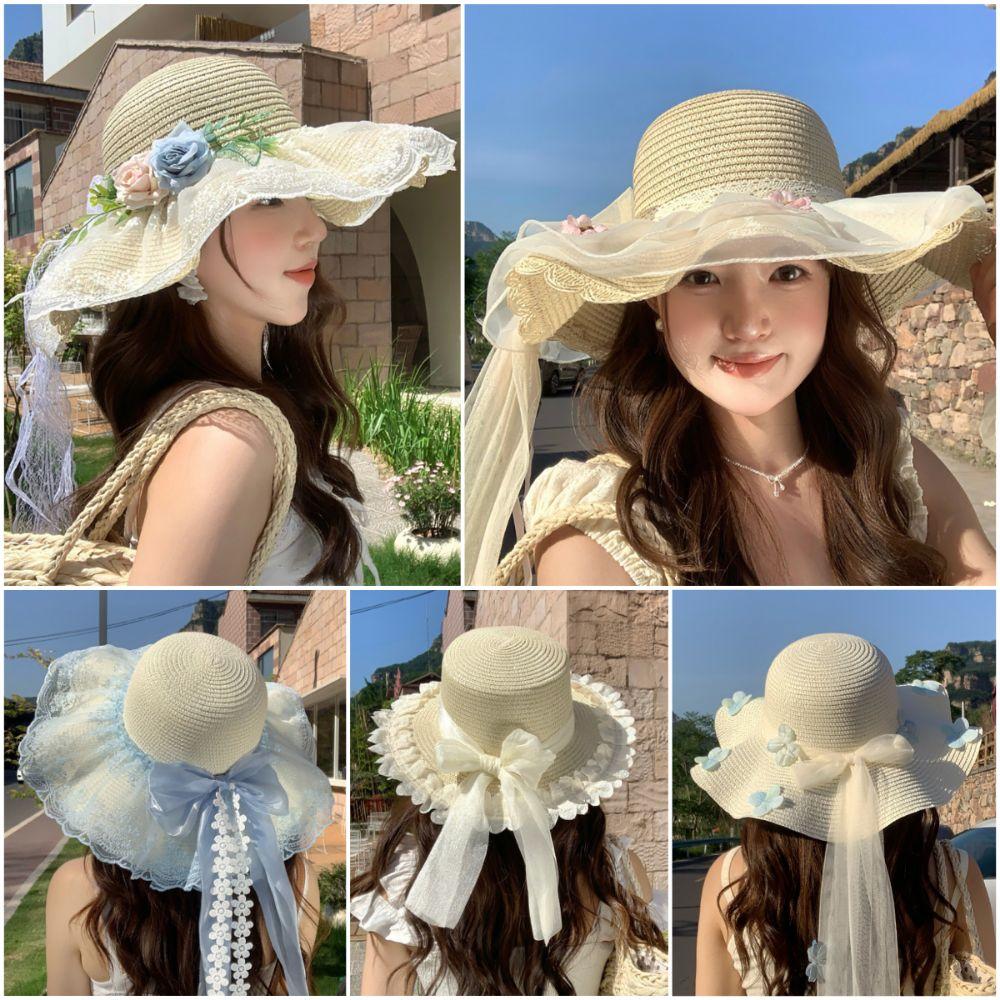 Flower Straw Hat Big Bowknot Wide Brim Hat Lolita Sun Protection Hat Seaside Vacation