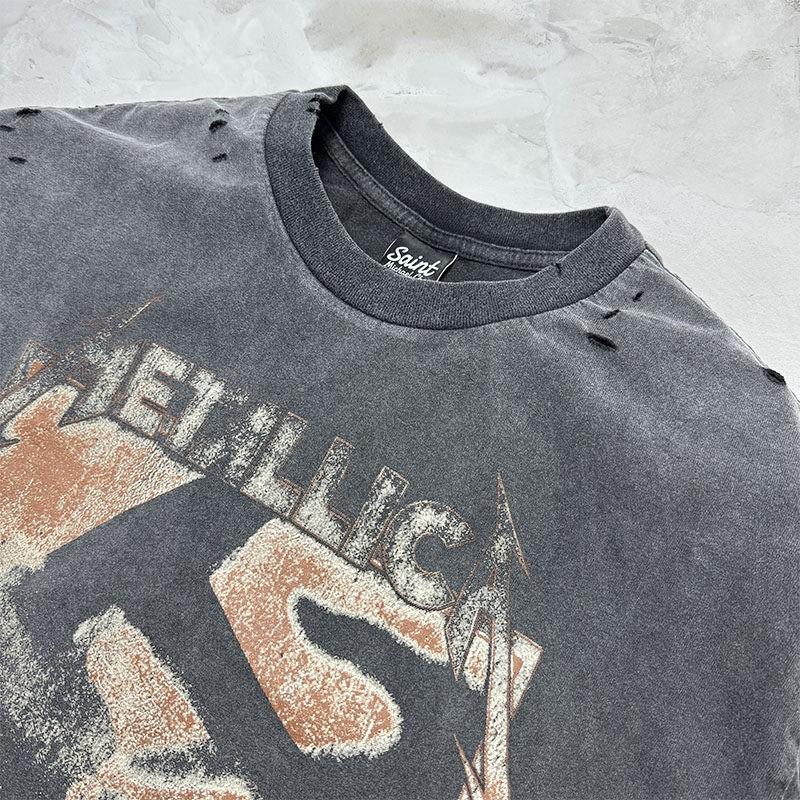 Saint Metallica Collaboration Distressed Washed Cotton Tee Streetwear Oversized Short Sleeve Men 2026