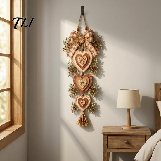 Indoor Outdoor Wall Accents Rustic Heart Shaped Hanging Pendant with Wooden Beads & Bow, Farmhouse Style Art Ornament LED Light for Front Door Living