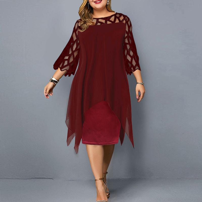 Модное кружевное пэчворк нестандартное свободное шифоновое платье для женщин, однотонное летнее платье больших размеров, женское элегантное повседневное платье с рукавом три четверти 25945