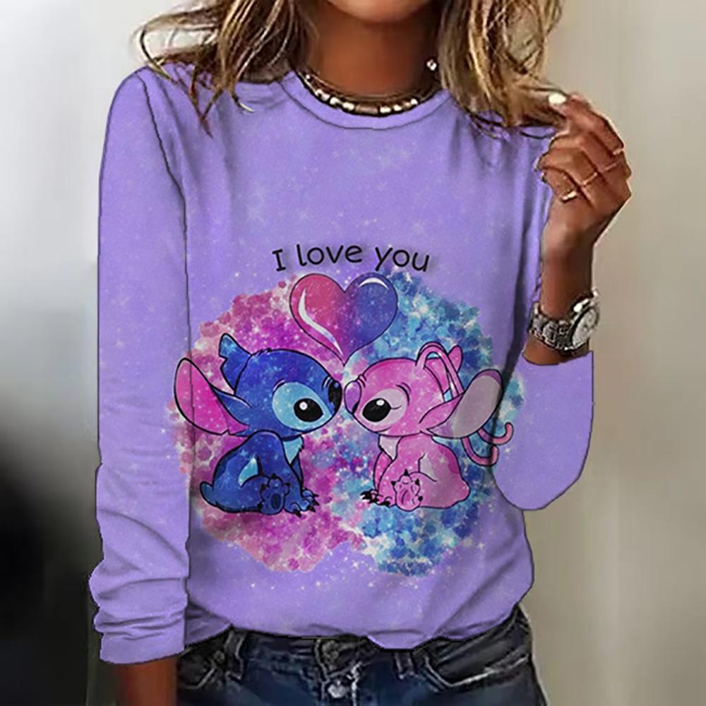 Новая женская футболка с круглым вырезом, топ с длинным рукавом, принт Disney Christmas Stitch, модная и трендовая женская футболка топ для аут