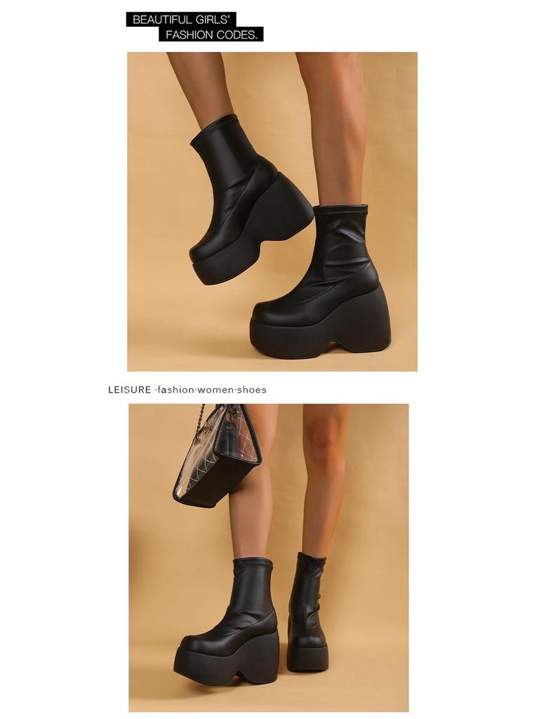 2022 Ботильоны на толстой платформе, клиновидном каблуке, с квадратным носком из кожи