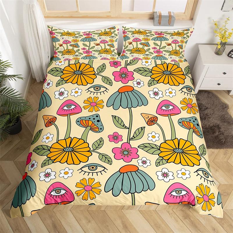 Retro 70s Hippie Style Duvet Cover Queen Microfiber Psychedelic Mushroom Bedding Set Room Decor Gifts Rainbow Floral Quilt Cover