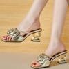 Slippers Women Shoes High Heels Gold Big Flower Square Open Toe Sandals for Ladies Sexy Hollow Heel Rubber Sole Shoe Outdoor