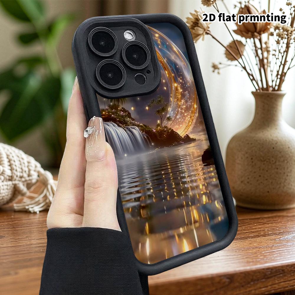 Phone Case: 2D flat design suitable for iPhone 18 17 16 15 14 13 Pro stepped protective case, gilded crescent moon, Christmas and Halloween gifts