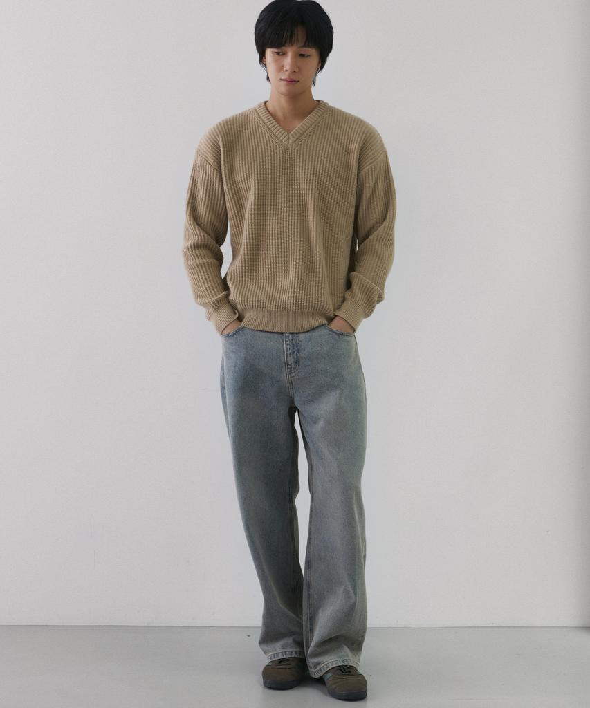 NODU V-Neck Waffle Essential Knit [Beige]