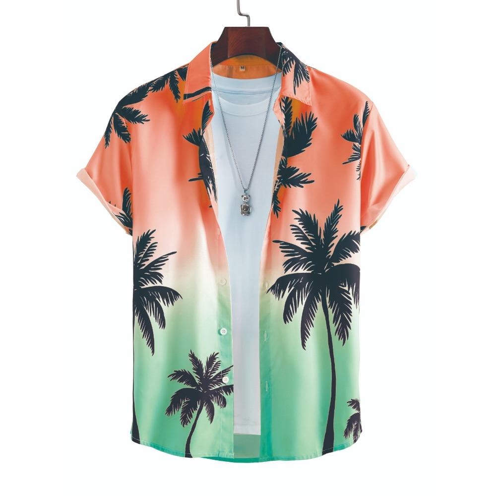 Tropical Coconut Tree Pattern Men's Short Sleeve Button Down Lapel Shirt For Summer Resort Holiday Hawaiian Style Oversized Tops