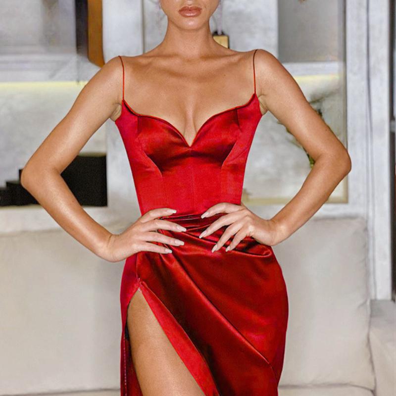 Весенне-летнее однотонное платье с разрезом на подтяжках для женщин, модное, персикового цвета, с вырезом, сексуальное, облегающее платье