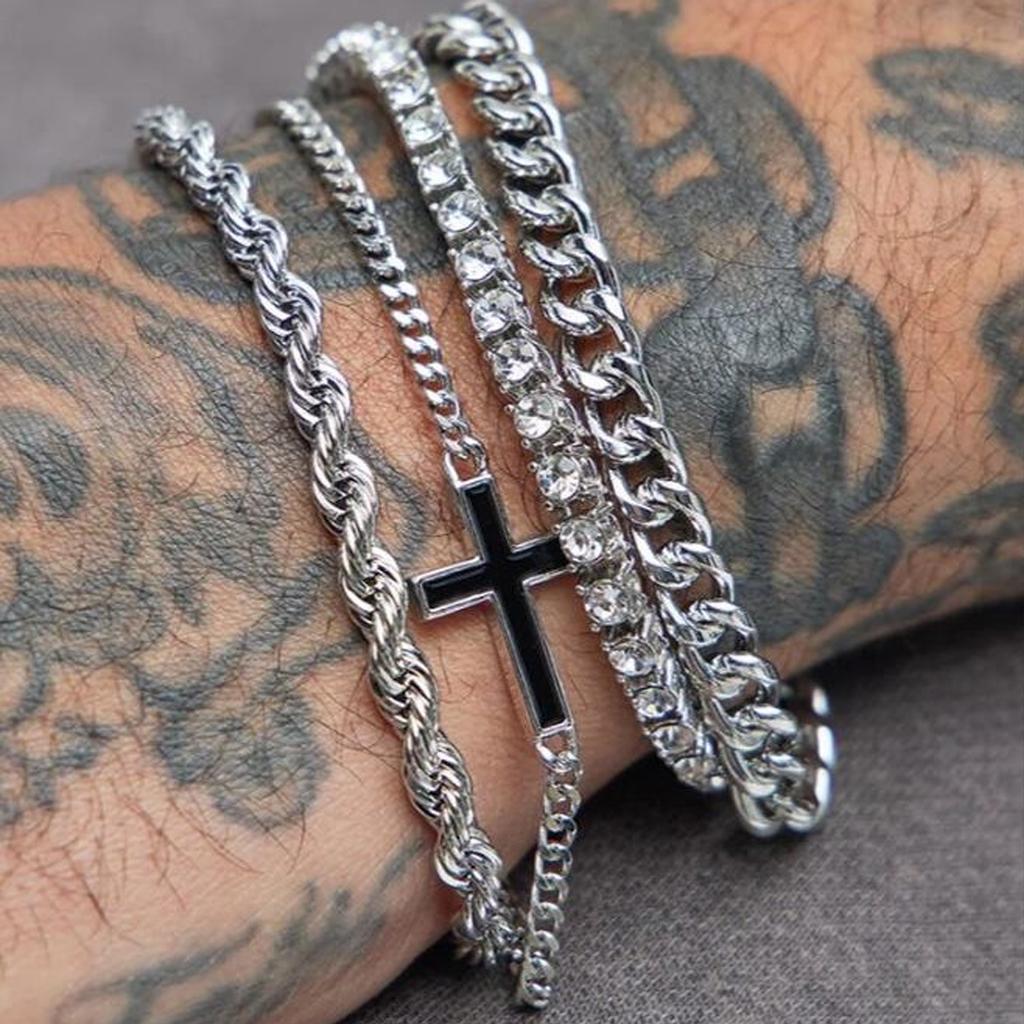 4 Pcs/Set Punk Minimalist Cross Bracelet For Men Fashion Shinny Zircon Elegant Chain Bracelet Daily Wear Jewelry Gift 2026 New
