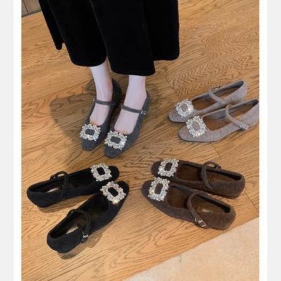 Виноградная мать того же стиля~ Бриллиантовая пряжка, маленький квадратный носок, бархат с теплой шерстяной толстой пяткой, туфли Мэри Джейн, женские