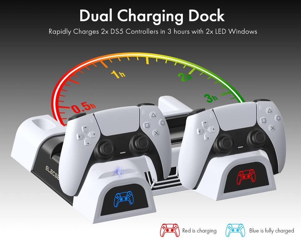 ElecGear Вертикальная подставка для PS5 и охлаждающая зарядка для беспроводных контроллеров DualSense, кронштейн для хранения игр для PlayStation 5 и Digital Edition, пульт дистанционного управления для мультимедиа
