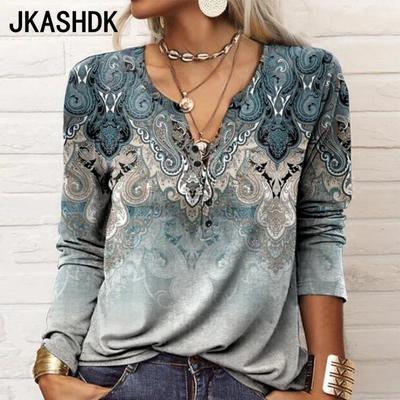 Женская мода повседневная весна осень цветочный узор с длинным рукавом V-образный вырез пуловеры и длинные рукава