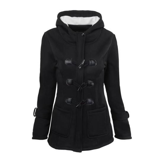 Fall Winter Coat with Side Pockets Solid Color Hooded Horn Button Closure Long Sleeve
