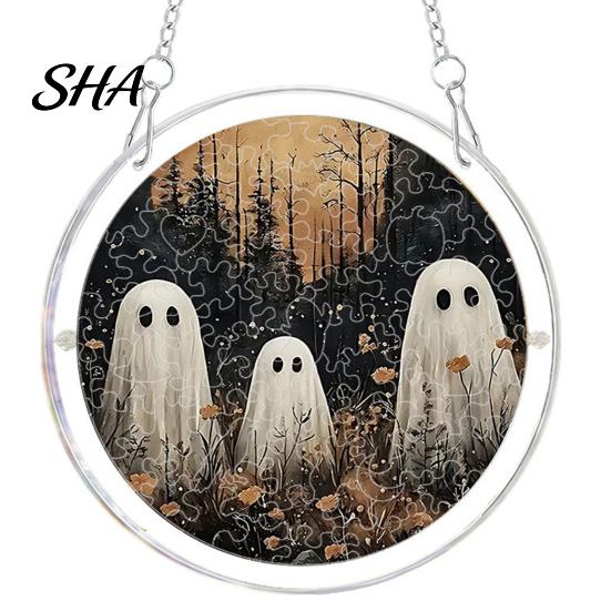Transparent Halloween Wall Decor Acrylic Suncatcher Jigsaw Puzzle Set, Spooky Ghost Floral Meadow Window Hanging Ornament with Metal Cheerful Frame &