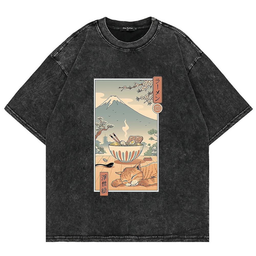 100% Хлопковая Футболка Забавная Футболка с Мультяшным Котом в Японском Стиле Ретро Мужская/женская Футболка Винтажная Оверсайз Топы Минеральной Стирки
