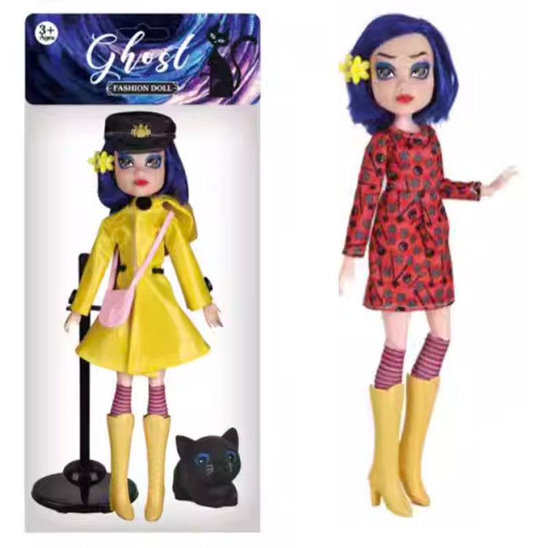 Ghost Mom Caroline Doll Yellow Raincoat Black Cat Joint Movable Action Figure Dress Up Set Toy Ornament Birthday Gift