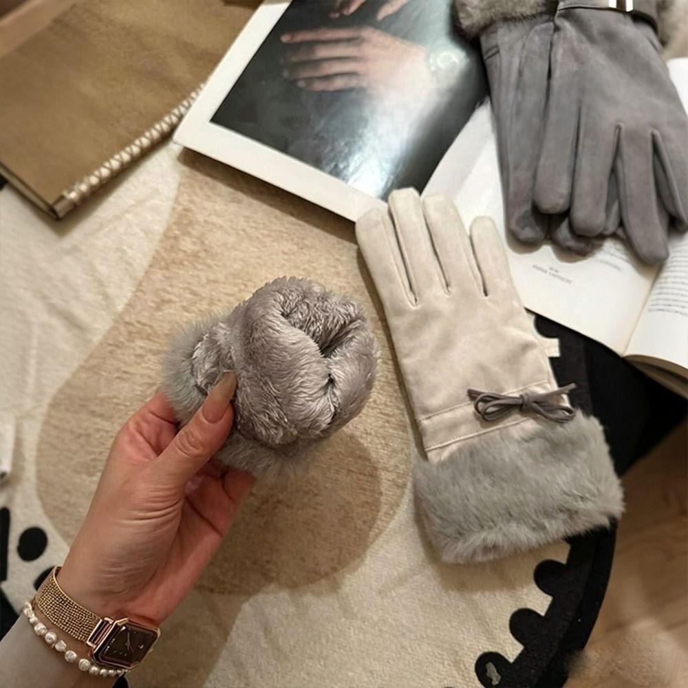 Fleece Lined Fleece Lined Gloves Bow Decoration Winter Thick Warm Gloves Touch Screen Gloves Girls