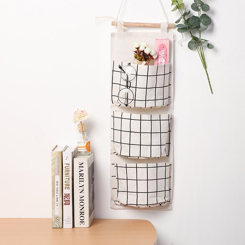 Three Pockets Hanging Wall Storage Bag Household Bedroom Living Room Kitchen Cotton Linen Storage Bag