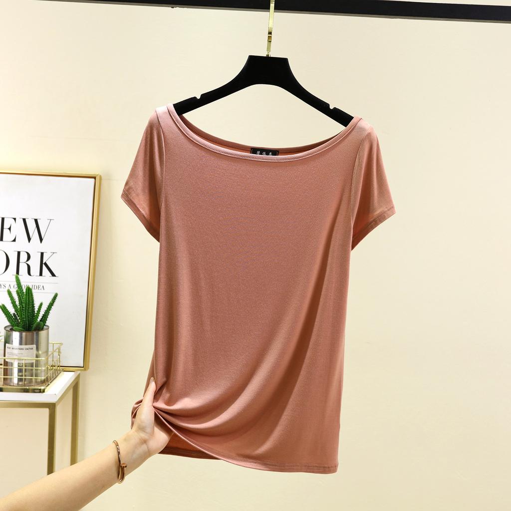 Модал с короткими рукавами и открытой спиной Футболки женские лодочки с открытыми плечами Футболка Однотонный цвет Свободный базовый слой Топ Большие размеры простые Майки