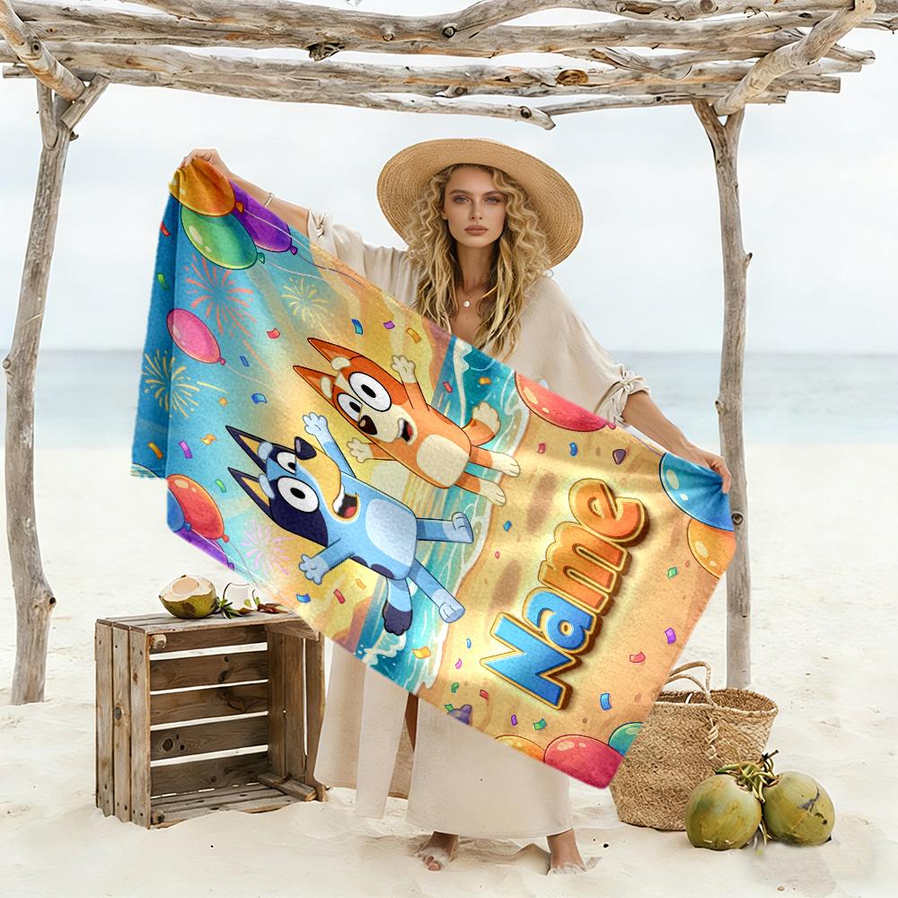 Bluey Cat Adventure Customize Text Beach Towel Soft Durable Quick-Dry Perfect for Traveling Yoga Camping and Swimming