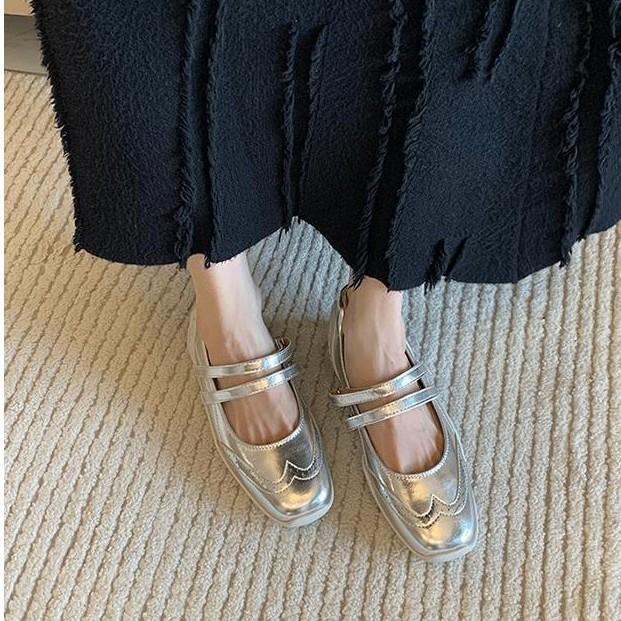 Версия из коровьей кожи новых серебристых балеток для спорта и отдыха, плоские туфли-лодочки, женские туфли Мэри Джейн с квадратным носком и толстой подошвой