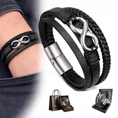 Men' Black Leather Infinity Bracelet TITANIUM Elegant