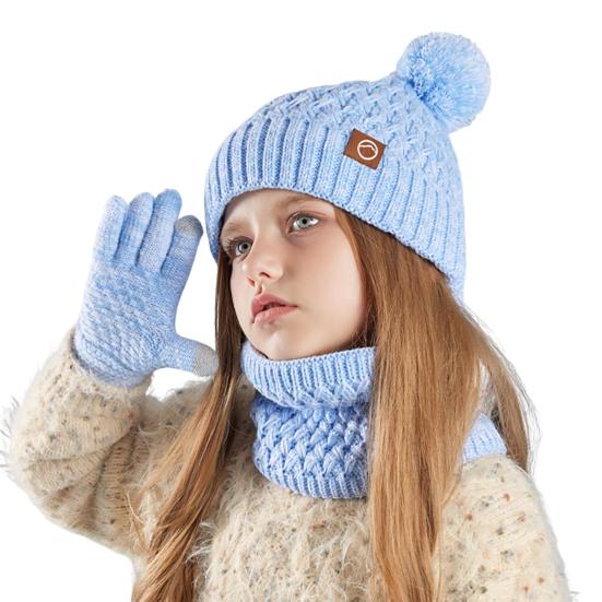 Kids Winter Hat Gloves Scarf Set Cold Weather Knitted Bear Hat with Pom Fleece Lined Neck Warmer Mitten Set for Girls Boys Ages 4-10