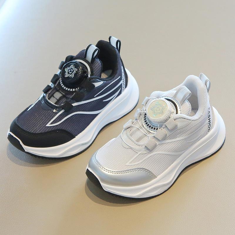 Kids Spring Autumn White Sneakers With Rotary Button Soft Sole Mesh Running Shoes For Boys Girls Baby Casual Sports Trainers