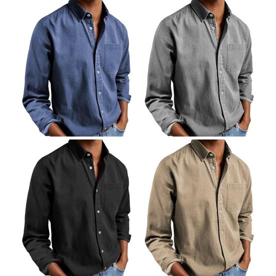 Fall Spring Men Shirt Turn-down Collar Single-breasted Loose Long Sleeves Button Cardigan Mid Length Retro Casual