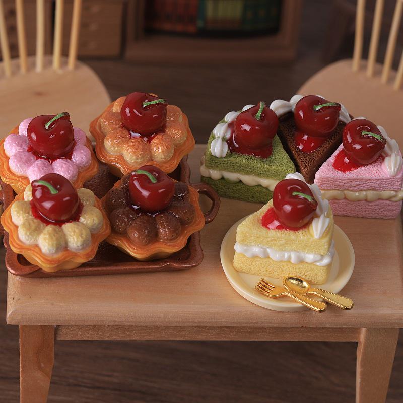 Cherry Cream Mousse Cake Miniature Food Toy Ornament for Dollhouses