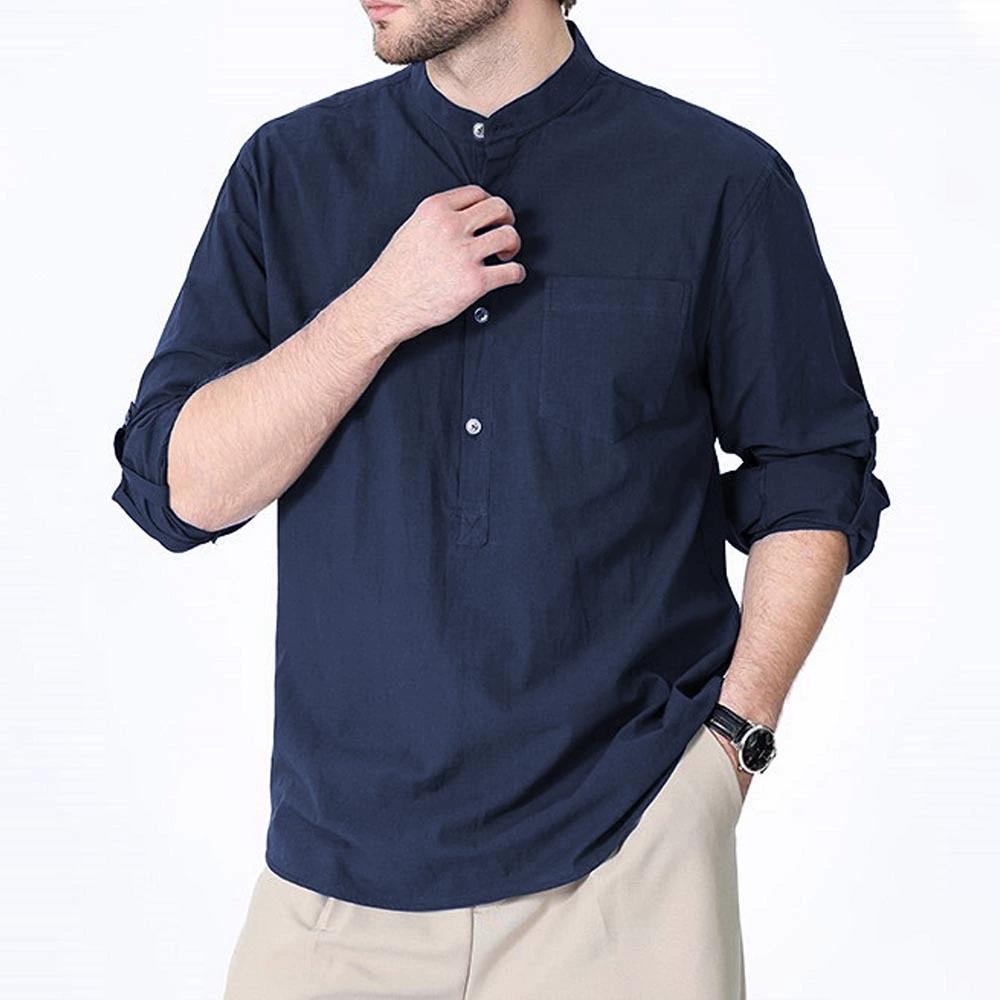Men's Long-sleeved Vacation Shirt, Casual Life with Pocket Solid Color Cotton Long-sleeved Button Henry Shirt