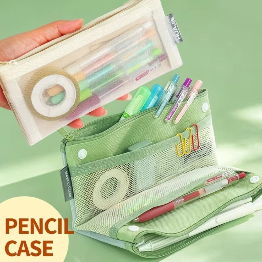Snap Button Mesh Pencil Case Double Layer Pen Bag Portable Makeup Storage Bag School Supplies