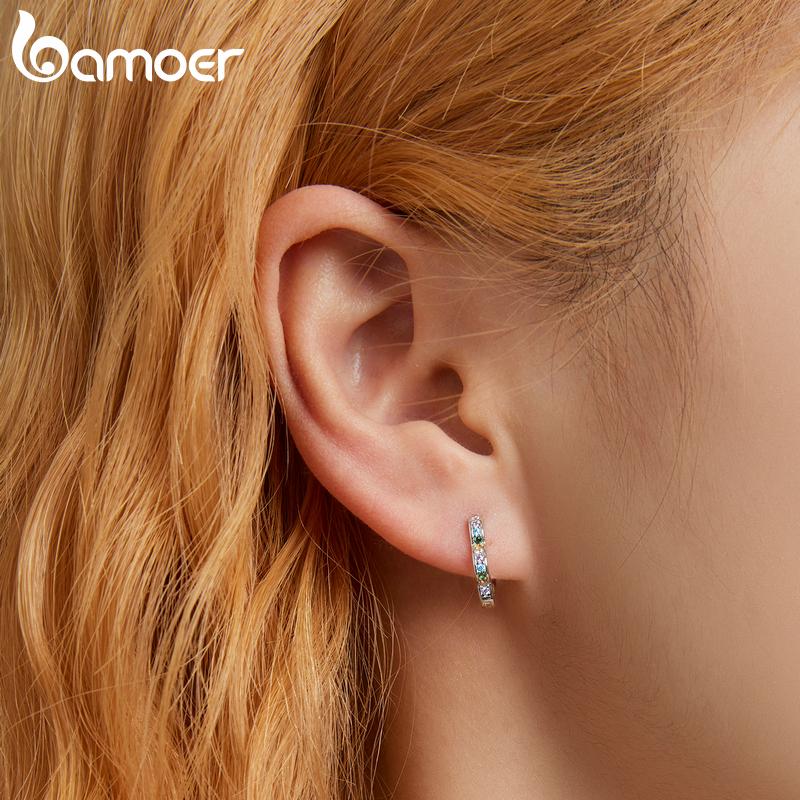 BAMOER, серьги из стерлингового серебра 925 пробы с цветком, пряжки для ушей, Радужный цирконий, простые стильные серьги для женщин, ювелирные изделия, подарок дружбы
