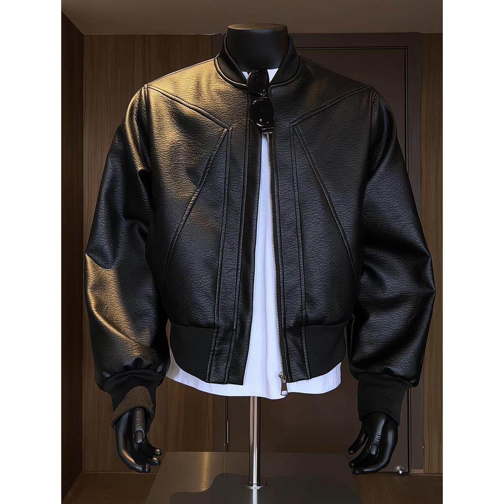Men Cropped Patchwork Motorcycle Jacket Long Sleeve Zip Up Baseball Style