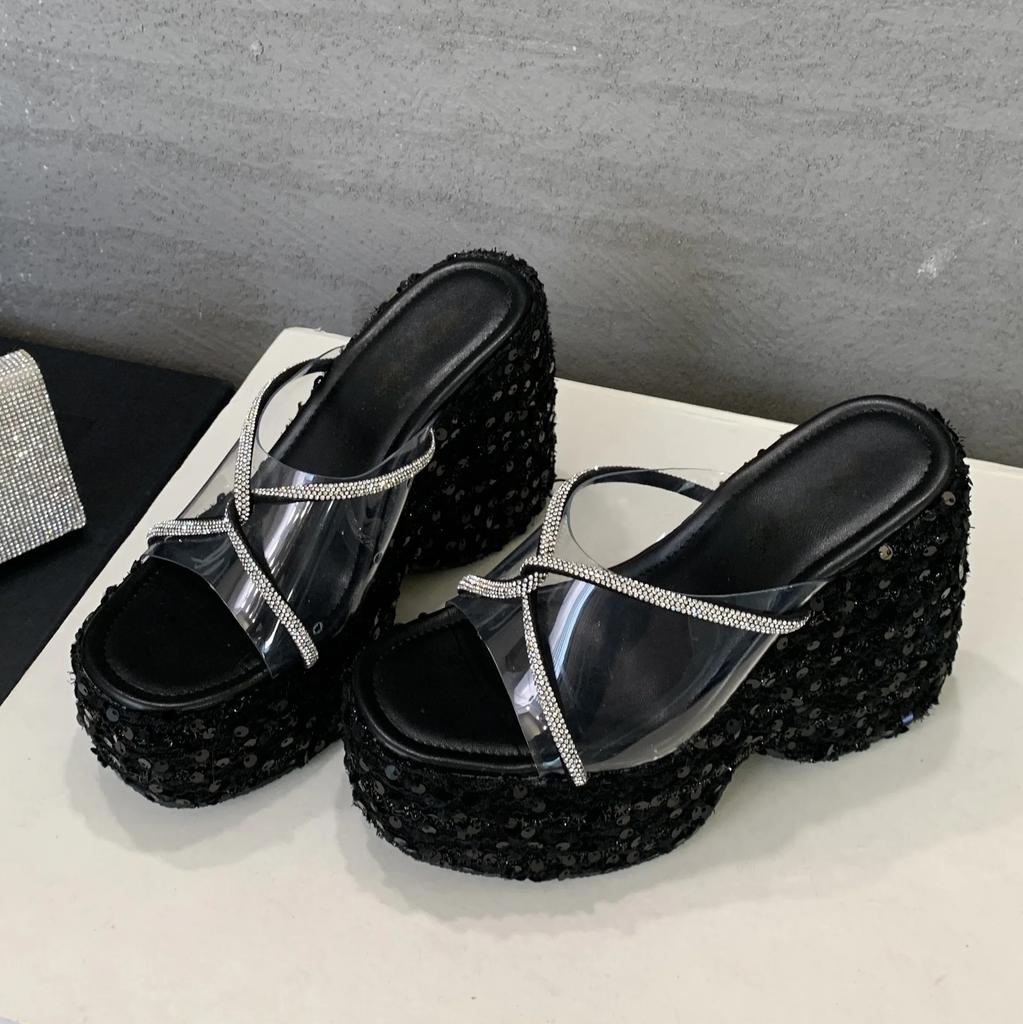 Модные Eilyken КРИСТАЛЛ Пайетки Ткань ПВХ Прозрачные Платформа Танкетка Высокий Каблук Женские Шлепанцы Элегантные Банкетные Туфли