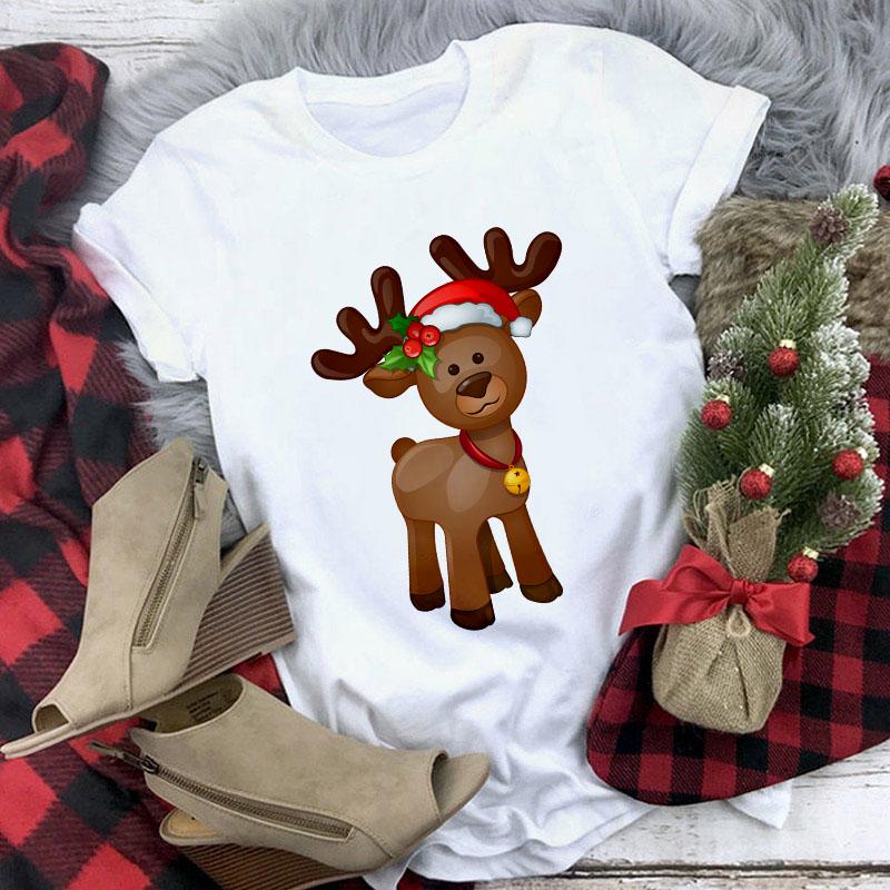 Cute Reindeer T Shirt Women Fashion Christmas Harajuku Short Sleeve T Shirt White Suitable All Seasons