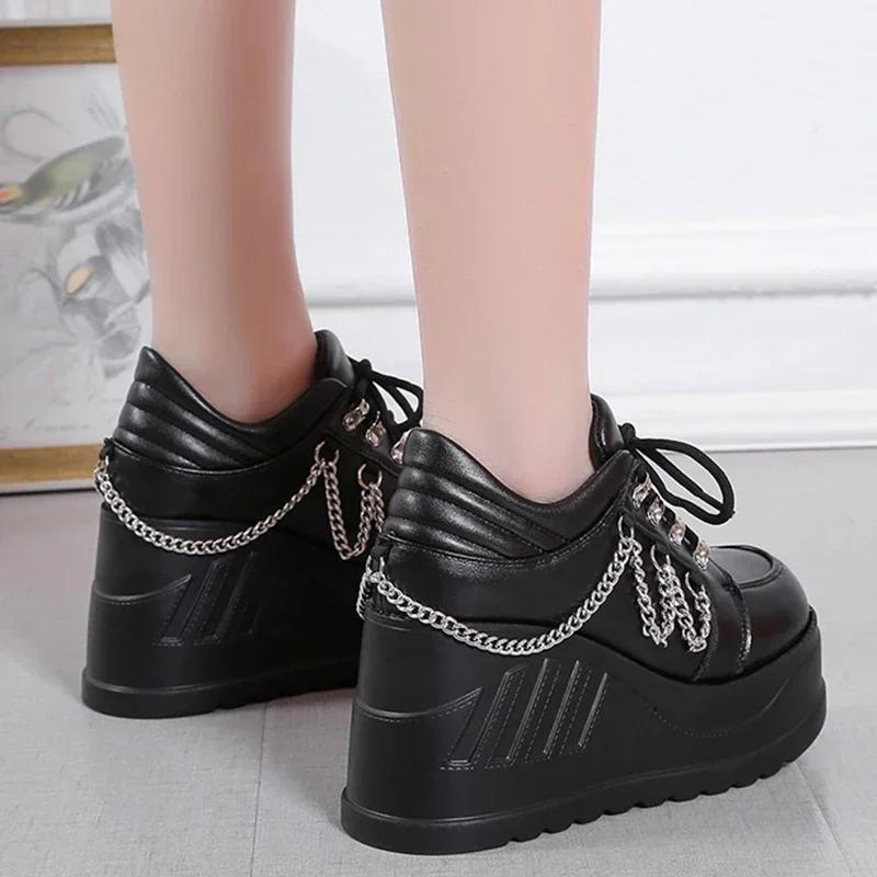 2024 New Metal Chain Punk Gothic Shoes Woman Thick Bottom High Wedge Sneakers for Women 2024 New Black Chunky Platform Shoes