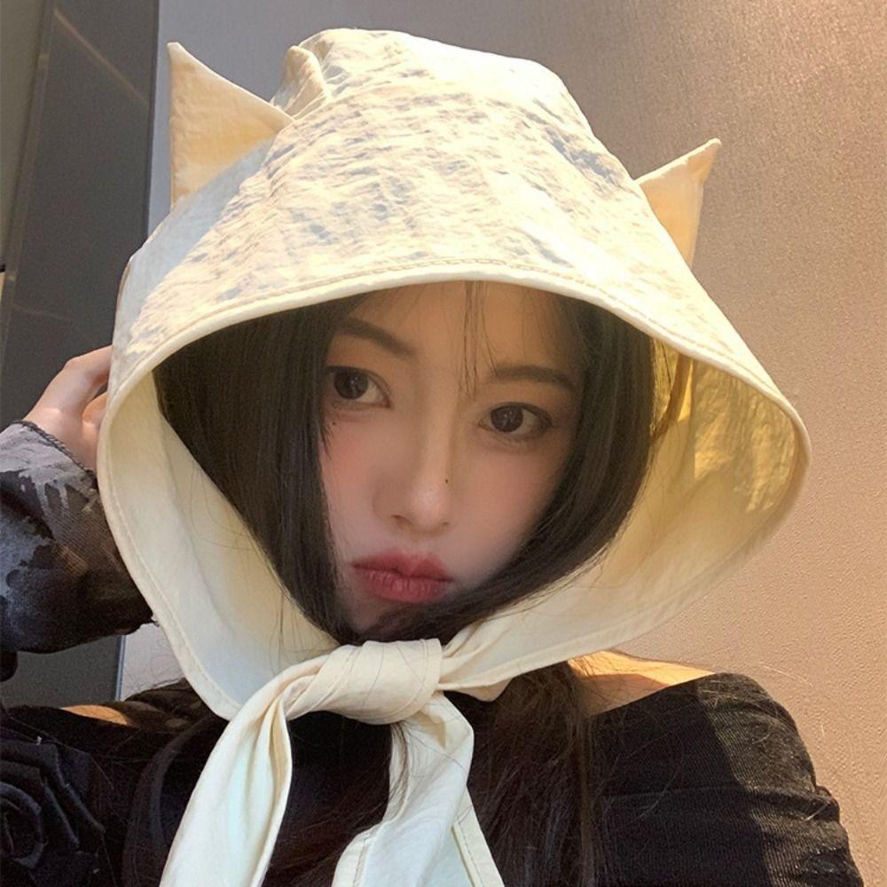 Solid Color Little Devil Horn Headscarf Korean Style Beanie Cap Retro Strap Hat Girl