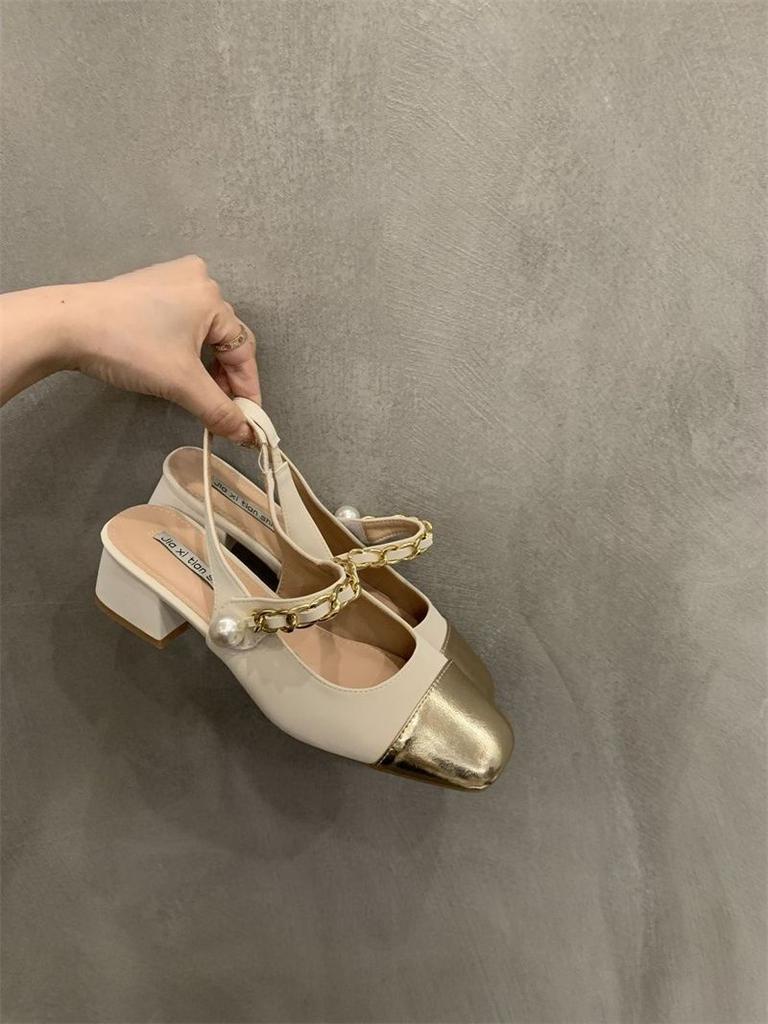 Silver premium Mary Jane rear empty single shoes women's summer 2025 new retro small fragrant wind pearl bag head sandals