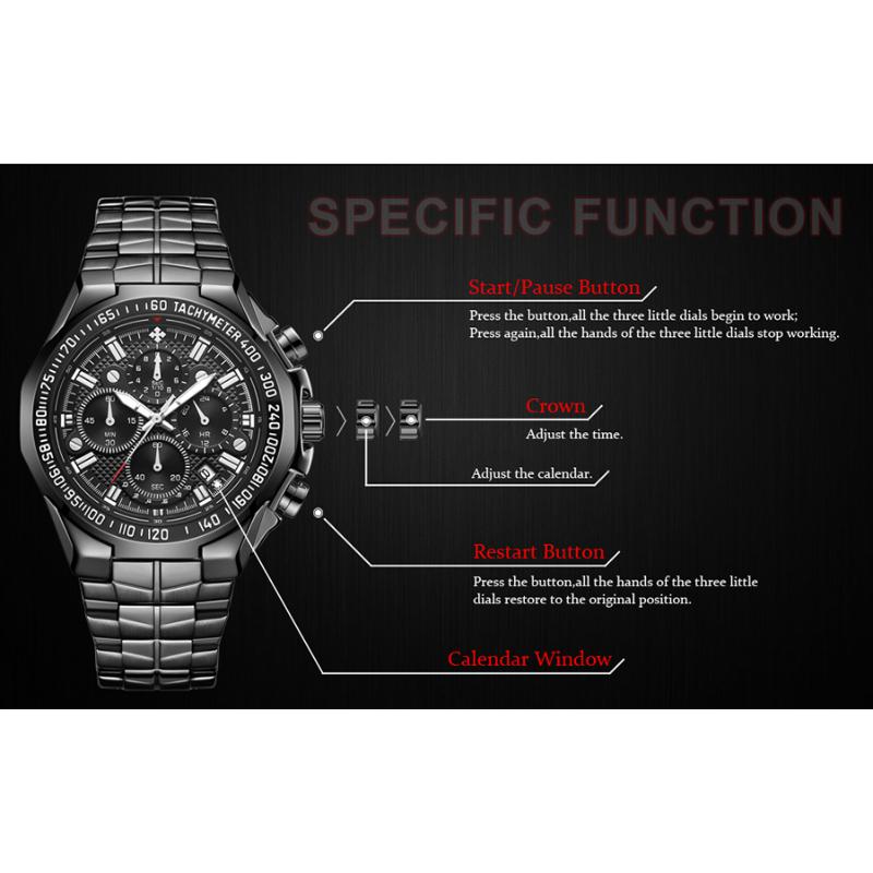 Top Brand Luxury Sport Watch For Men Quartz Chronograph Date Luminous Full Steel Wrist Watch