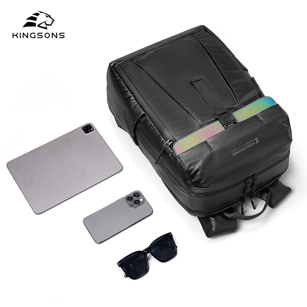 Kingsons Black Stylish Men Sports Backpack 15.6 Inch Laptop Waterproof / Dry-wet Separation / Reflective Strip / Bag for Basketball Helmet/Shoes